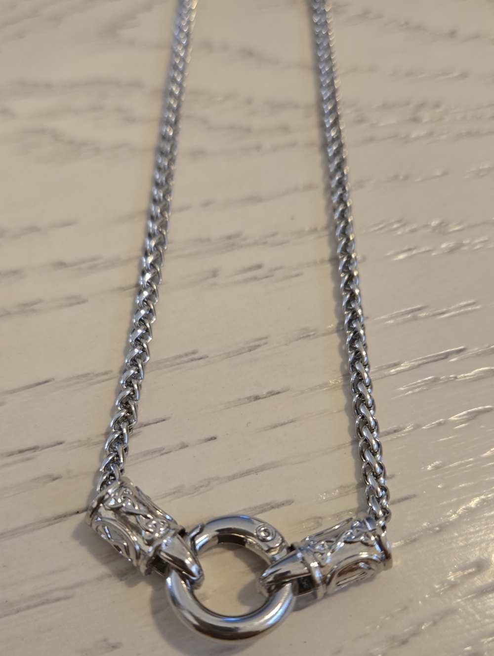 Silver Rope Wheat Chain Necklace w/ Ring Pendant - Designer Look 4 Less